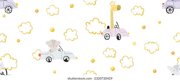 funny cartoon animals drive the car. Cute childhood illustration. Seamless pattern for wrapping paper. Endless design for nursery