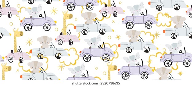 funny cartoon animals drive the car. Cute childhood illustration. Seamless pattern for wrapping paper. Endless design for nursery