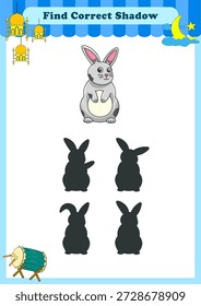 Funny cartoon animals. find the correct shadow. Kids Education games. Cartoon vector illustration