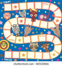 Funny cartoon animals game for Preschool Children, elephant deer horse, giraffe owl raccoon, wolf zebra lion, white orange squares on blue background. Vector 