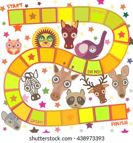 Funny cartoon animals game for Preschool Children, elephant deer horse, giraffe owl raccoon, wolf zebra lion, white orange yellow squares on white background. Vector