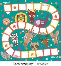 Funny cartoon animals game for Preschool Children, elephant deer horse, giraffe owl raccoon, wolf zebra lion, white orange squares on green background. Vector