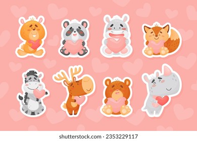 Funny Cartoon Animals with Heart Feel Love Vector Sticker Set