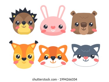 funny cartoon animals. Hedgehog, hare, bear, squirrel, chanterelle, cat. Illustrations for web and print. Cartoon stickers with cute animal heads.