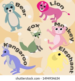 Funny cartoon animals illustration. Fox, bear, monkey, elephant, lion, kangaroo.