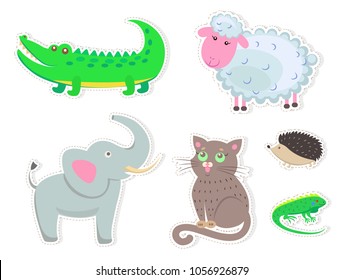Funny cartoon animals isolated on white background. Big crocodile, white sheep, fluffy cat, small hedgehog, green lizard and friendly elephant vector illustrations. Cute quadruped friends stickers.