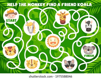 Funny cartoon animals. Kids labyrinth maze game, find a friend logical game or riddle, puzzle with finding way task. Vector monkey, horse and giraffe, zebra, lion and tiger, cheetah, raccoon and koala