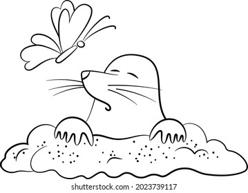 Funny Cartoon Animals, Mole And Butterfly, Black Contours Isolated on White Background. Vector