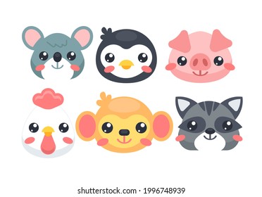 funny cartoon animals. Mouse, penguin, pig, chicken, monkey, raccoon. Illustrations for web and print. Cartoon stickers with cute animal heads.