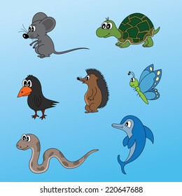 The funny cartoon animals mouse turtle crow hedgehog butterfly snake dolphin