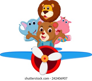 Funny cartoon animals riding a plane 