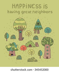 Funny cartoon animals and trees. Neighborhood illustration.