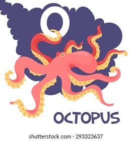 Funny cartoon animals vector alphabet letter for kids from A to Z. O is octopus. Vector illustration