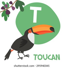 Funny cartoon animals vector alphabet letter for kids from A to Z. T is Toucan. Vector illustration