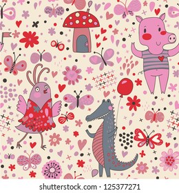 Funny cartoon animals in vector. Cute seamless pattern for children's wallpapers in pink colors