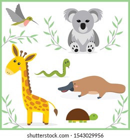 Funny cartoon animals. Vector illustration isolated on white. Hummingbird, giraffe, turtle, snake, platypus, koala.