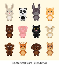 Funny cartoon animals. Vector illustration icons set with rabbit panda cat dog monkey sheep donkey horse pig