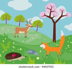 Funny cartoon animals in the wood.