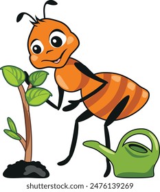 Funny cartoon ant gardener. Funny design for gardening service. Vector