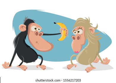 funny cartoon ape gives banana to a female ape