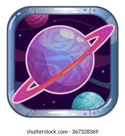 Funny Cartoon App Icon Sign, Vector Gui Element For Space Game Design, Fantasy Planet Illustration