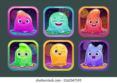 Funny cartoon app icons with cute slime monsters, slimy characters for game or web design. Vector application store logo set.