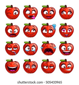 Funny cartoon apple character with different emotions on the face. Comic emoticon stickers set. Vector icons, isolated on white.