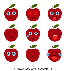 Funny cartoon apple character with different emotions on the face. Comic emoticon stickers set. Vector icons, isolated on white.