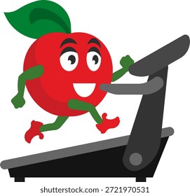 Divertido personaje de manzana de dibujos animados haciendo ejercicio en una cinta de correr. Ilustración vectorial para la aptitud, la dieta saludable y la motivación para el entrenamiento. Linda mascota de la fruta activa en el gimnasio. Aislado en el fondo blanco
