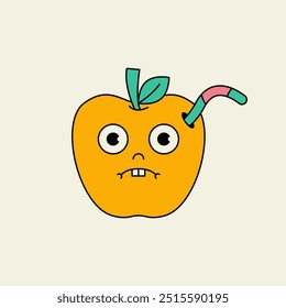 Funny cartoon apple character. Groovy apple mascot with worm digging hole in sweet fruit, comic in trendy retro style. Vector illustration.