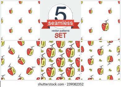 Funny cartoon apple. Set of 5 vector seamless pattern. 