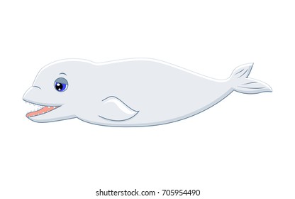 Funny cartoon arctic white whale. Vector illustration. . Isolated on white background. Arctic animals.  Smiling white whale.