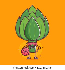 Funny cartoon artichoke character, humanized vegetable doing sport sticker or poster. Smiling basketball player ready to play. Healthy vegan and vegetarian food character in sunglasses and sneakers.