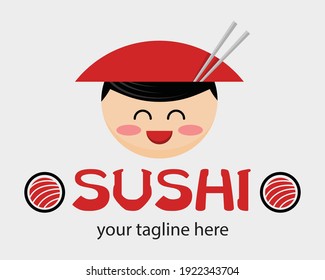 Funny cartoon asian man in cone hat. Japanese food advertisement concept. Japanese vector mascot. Sign for a sushi shop or restaurant. 