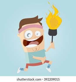 funny cartoon athlete with torch