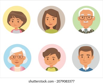 Funny Cartoon Avatars Of People, Family Members. Young Parents, Grandparents And Children, Smiling. Cartoon Portrait.