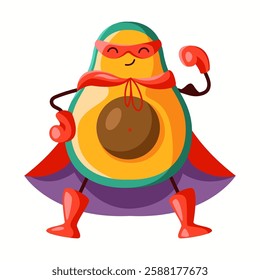 Funny cartoon avocado dressed as superhero with red mask, gloves, and cape. Adorable and energetic character in dynamic pose, perfect for healthy food concepts, kids' illustrations, and playful design