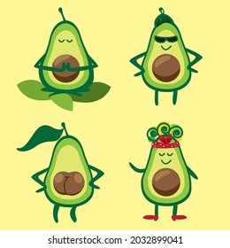 La divertida caricatura muestra comida saludable. Vocado de yoga. Vegan