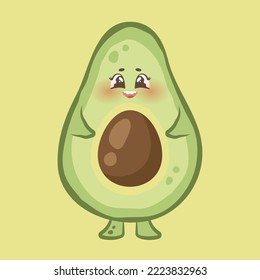 Funny cartoon avocado isolated on yellow background. Comic cute character with happy face. Kawaii avocado with pit. Exotic fruit. Vector illustration
