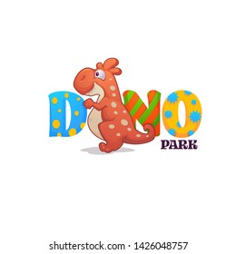 funny cartoon baby dinosaur and bright lettering, for your dino park logo