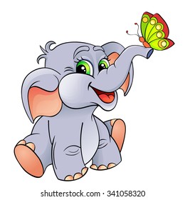 Funny cartoon baby elephant with butterfly