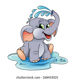 Funny cartoon baby elephant which pours himself with water
