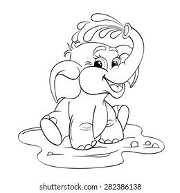 Funny cartoon baby elephant which pours himself with water. Black and white vector illustration for coloring book