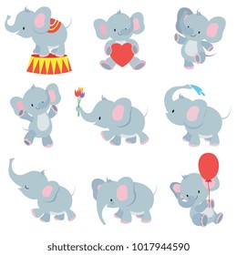 Funny cartoon baby elephants vector collection for kids stickers  Elephant funny character and flower   air balloon illustration