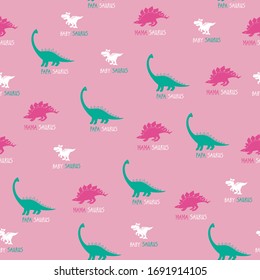 Funny cartoon baby girl seamless with family dino saurus. Cute dinosaur design for cool girl t-shirt. Doodle vector illustration on pink background.