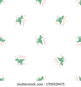 Funny cartoon baby girl seamless with roar dino. Cute dinosaur design for cool girl t-shirt. Doodle vector illustration on white background.