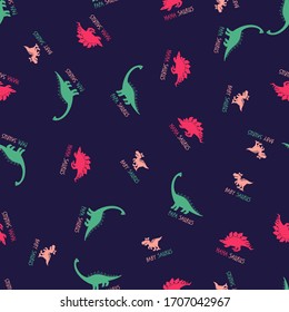 Funny cartoon baby girl seamless with family dino saurus. Cute dinosaur design for cool girl t-shirt. Doodle vector illustration on dark blue background.