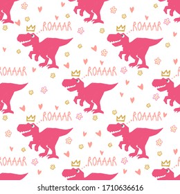 Funny cartoon baby girl seamless with roar dino. Cute dinosaur design for cool girl t-shirt. Doodle vector illustration on white background.