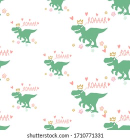 Funny cartoon baby girl seamless with roar dino. Cute dinosaur design for cool girl t-shirt. Doodle vector illustration on white background.