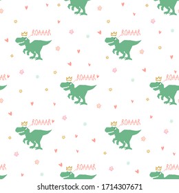 Funny cartoon baby girl seamless with roar dino. Cute dinosaur design for cool girl t-shirt. Doodle vector illustration on white background.